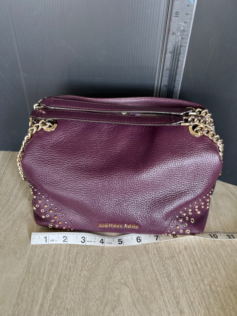 Michael Kors Deep Plum Pebbled Leather Shoulder Bag with Gold Chain